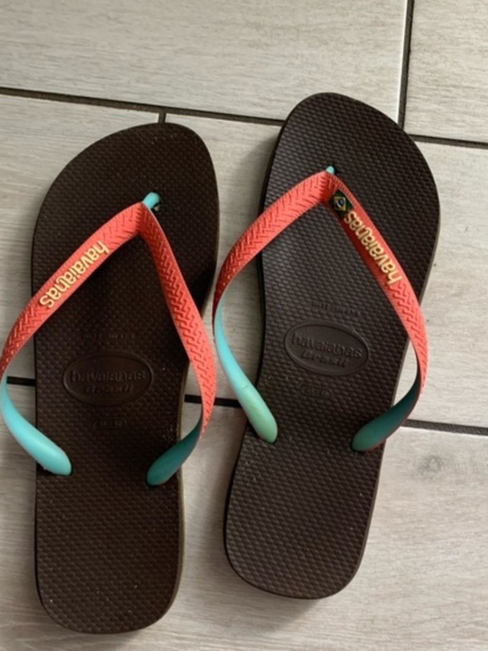 Havaianas Brown Flip Flops with Coral Straps and Teal Accents